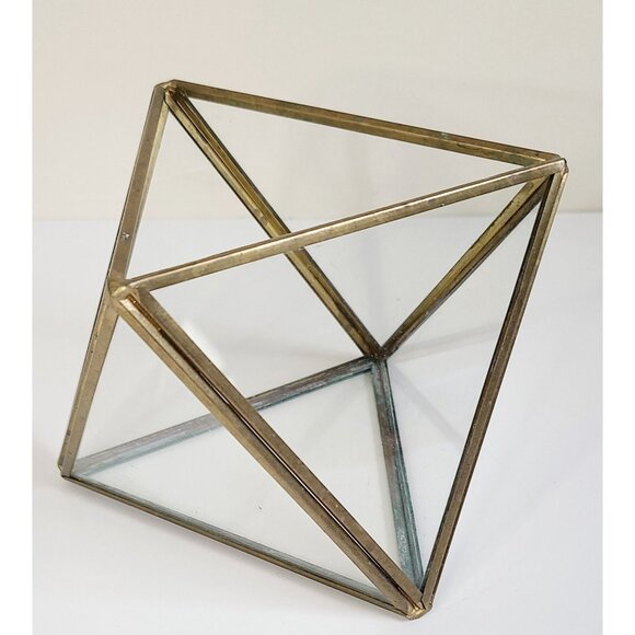 Geometric Brass & Glass Terrarium Succulent Holder Centerpiece Gold Tone Vintage - Picture 2 of 9